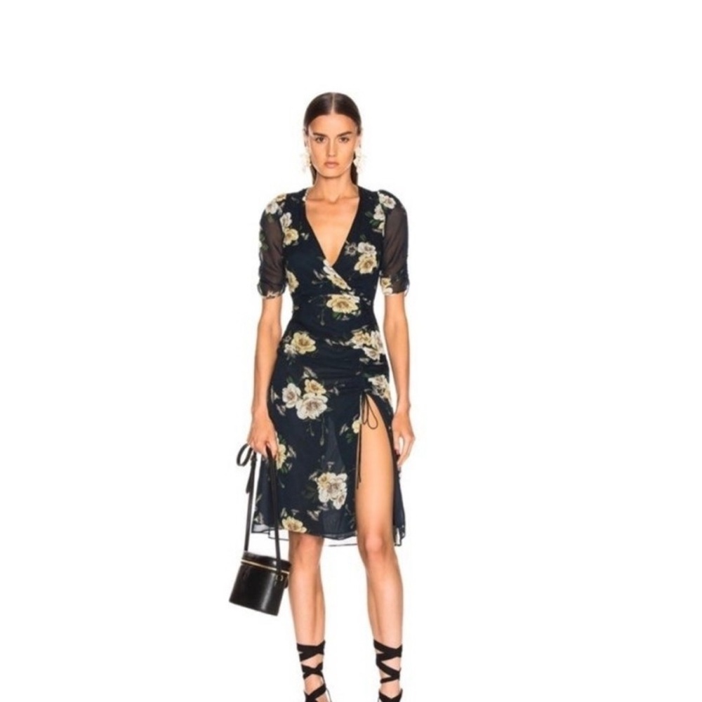Nicholas Tea Floral Ruched Wrap Midi Silk Dress in Navy Size 4